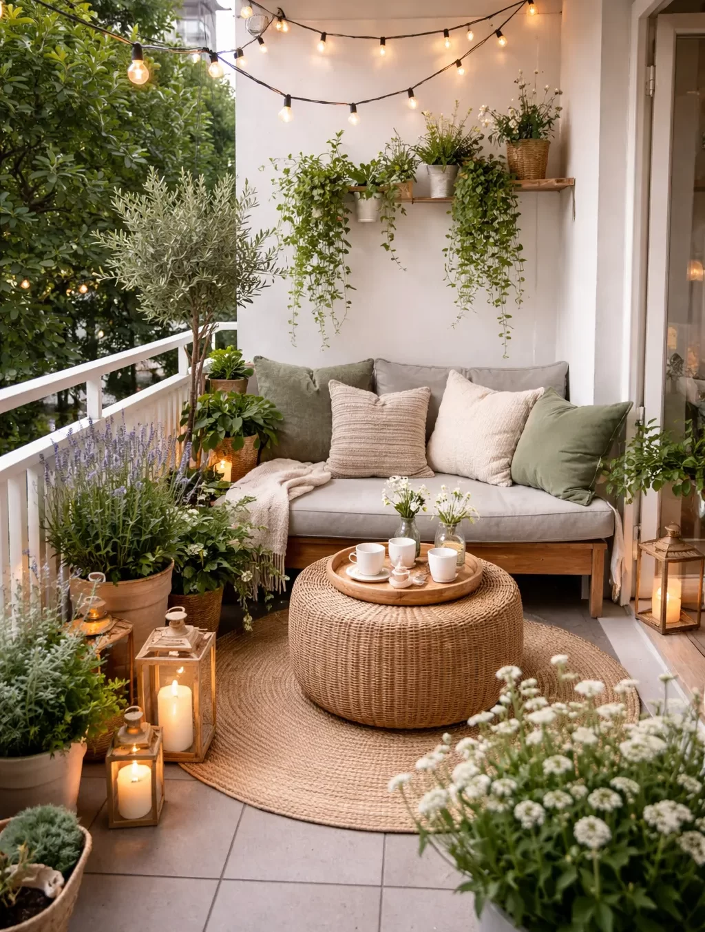 Een smal balkon met een bankje, zachte kussens, planten en warme sfeerverlichting.
