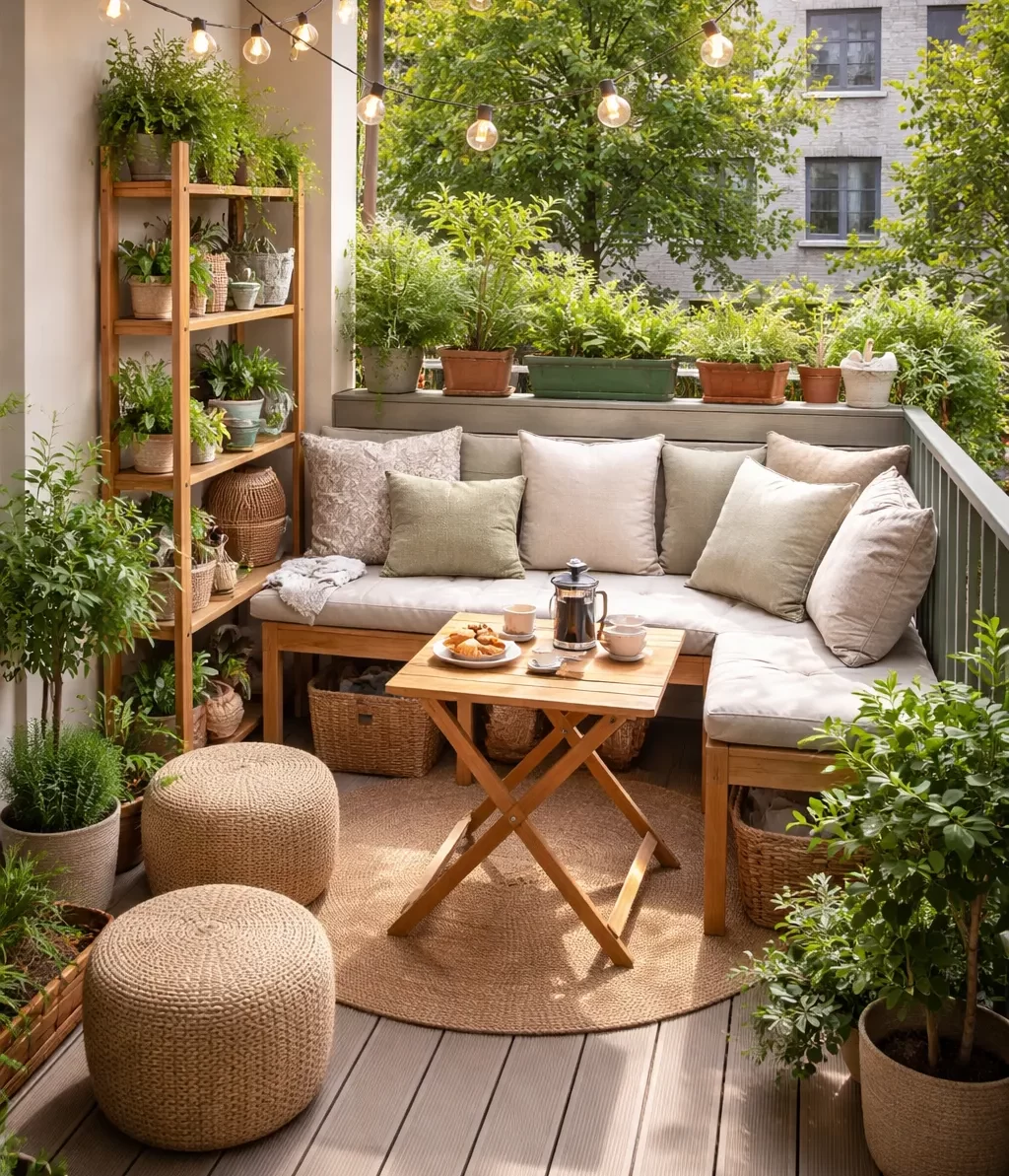 Slim, groen en gezellig balkon met compacte meubels en handige opbergruimte.