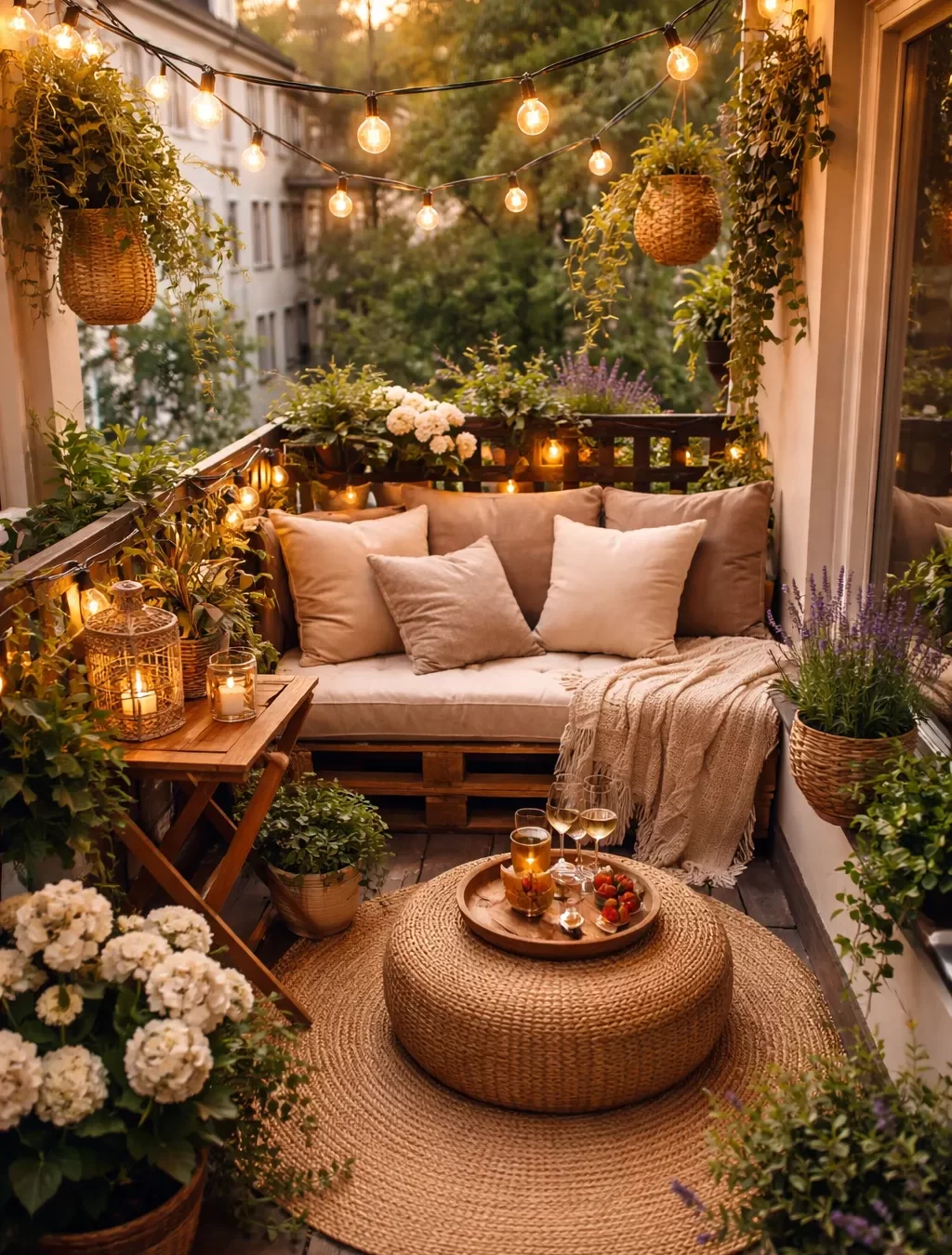 Een sfeervol klein balkon met planten, zachte kussens en warm licht.