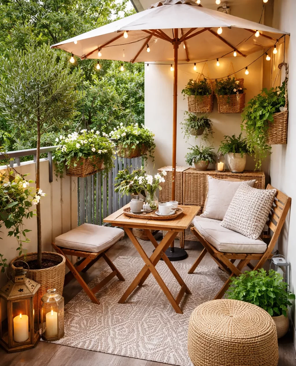 Slim en gezellig ingericht met planten, zachte verlichting en compacte meubels zonder te boren.