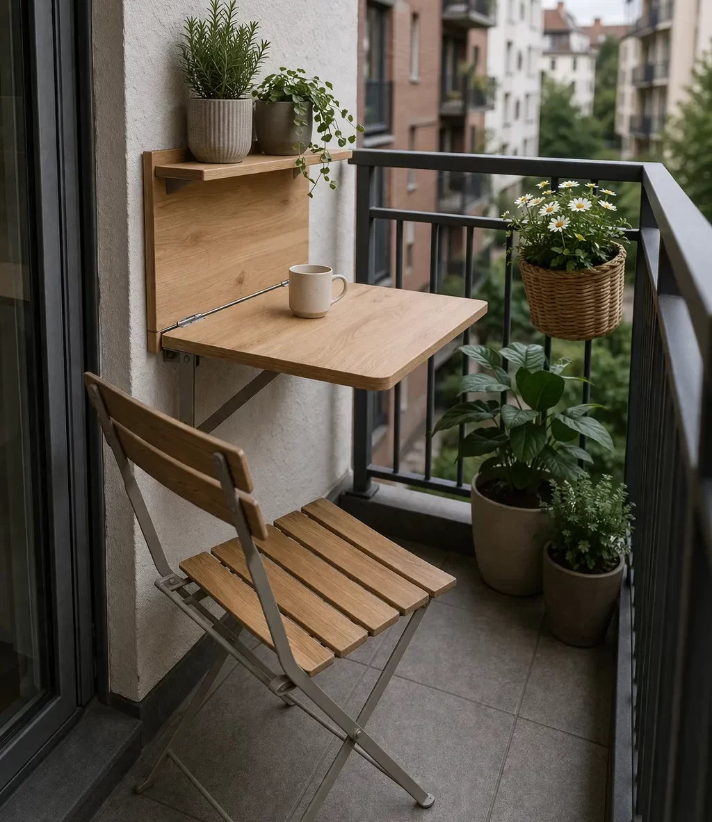 Compacte inklaptafel en stoel, ideaal voor een smal stadsbalkon.