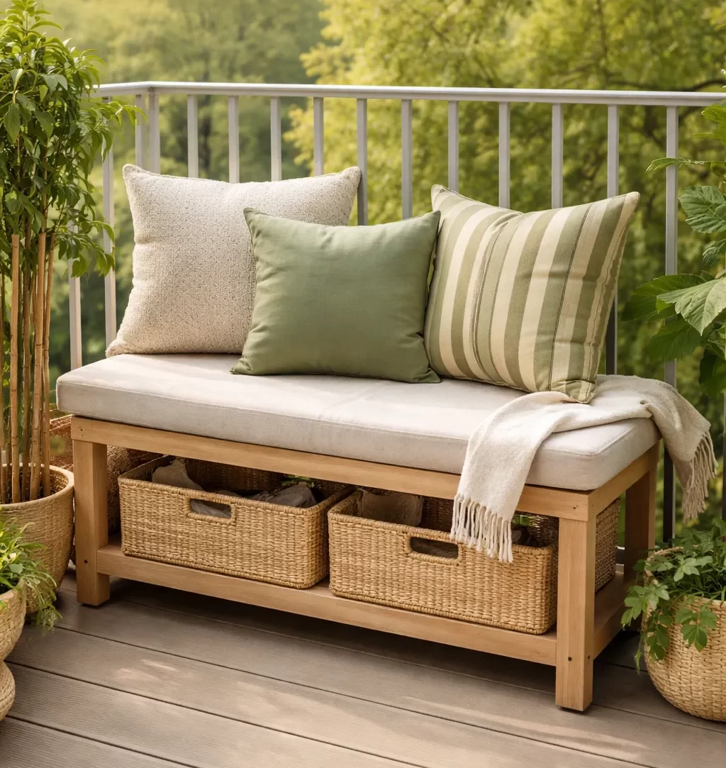Compact houten bankje met zacht kussen en opbergruimte, ideaal voor een klein balkon.