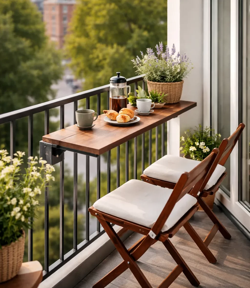 Een smalle, stijlvolle balkontafel die perfect past op een klein balkon.