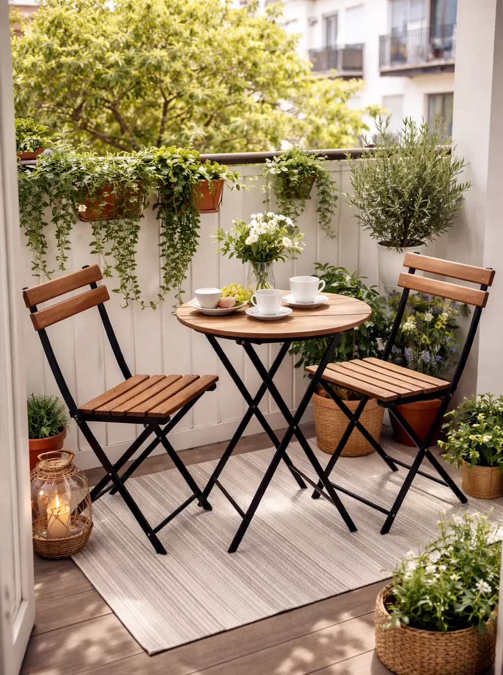 Ruimtebesparende balkonset met inklapbare tafel en twee stoelen, ideaal voor een klein en gezellig balkon.