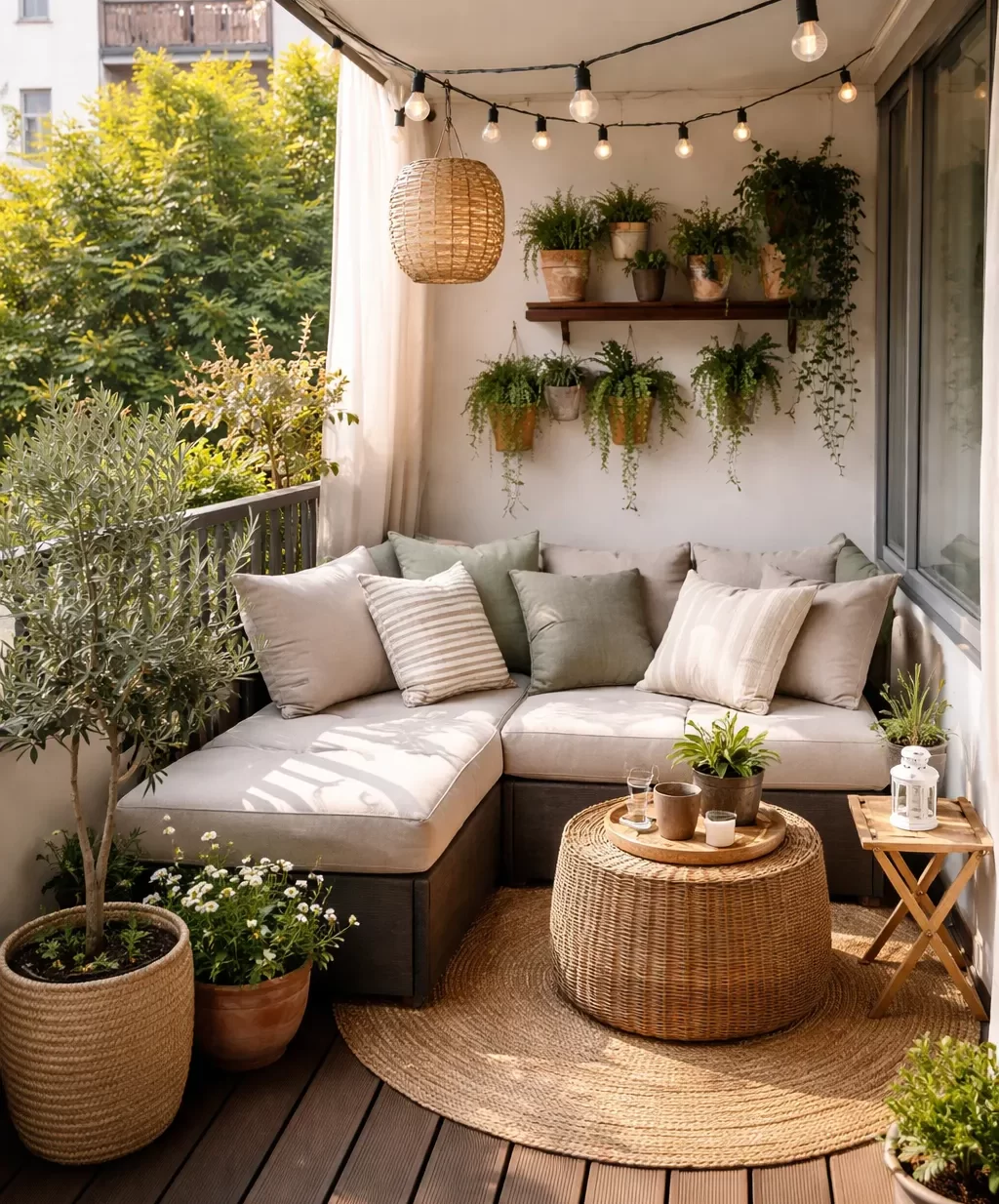 Compact en gezellig balkon met een kleine hoekbank, zachte kussens en veel groene planten.