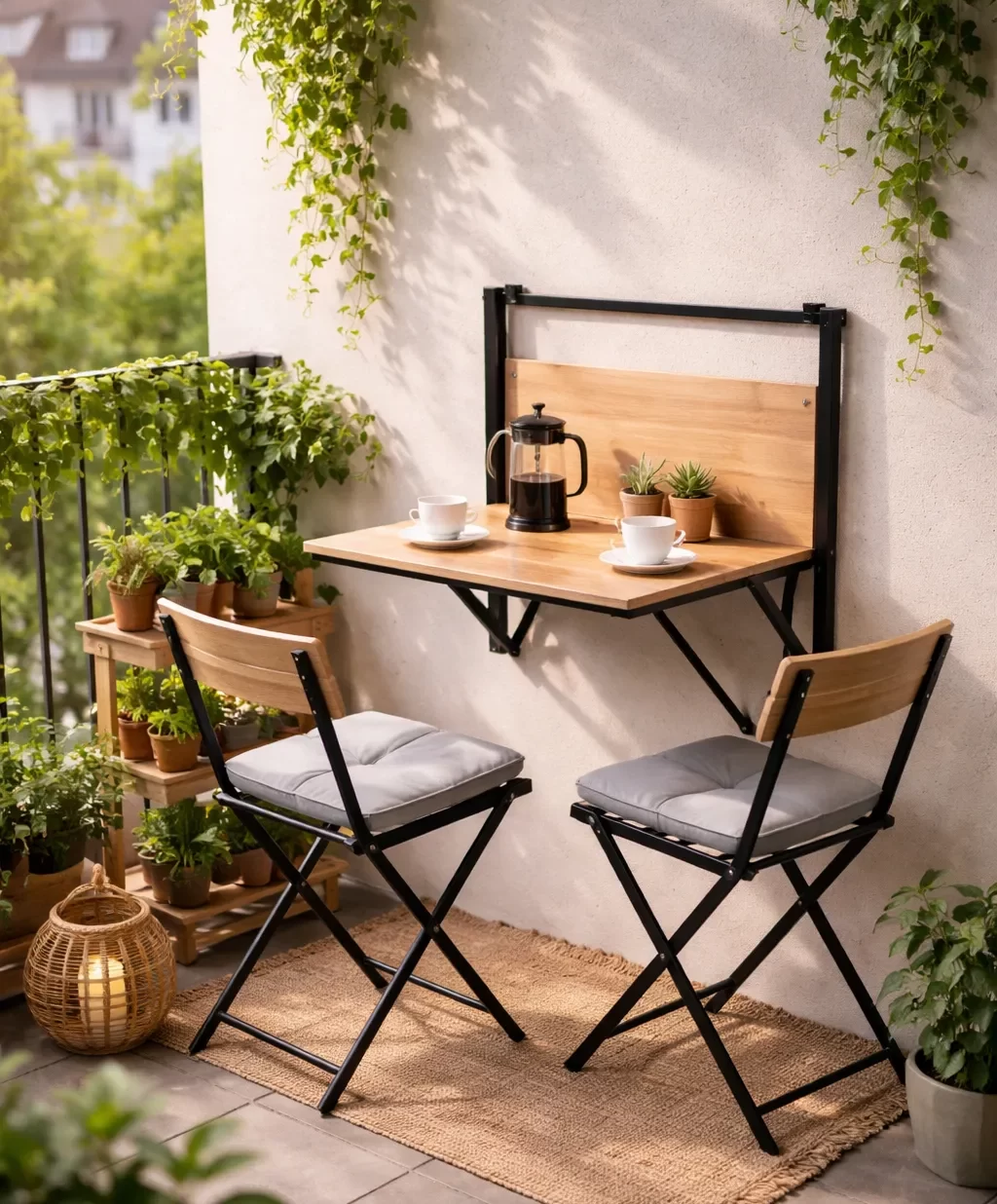 Opklapbare balkontafel met twee compacte stoelen, ideaal voor een klein balkon.