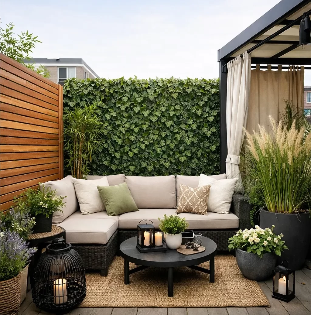 Gezellig balkon met houten schermen en veel groen.