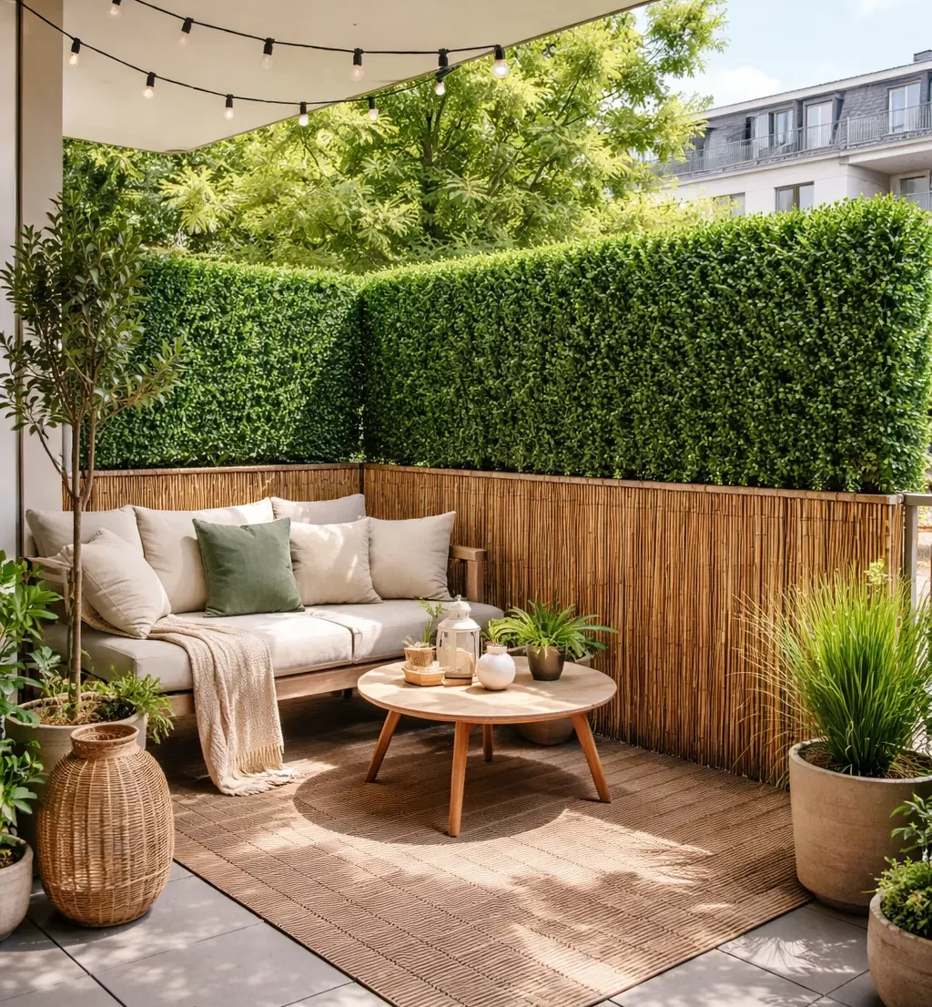 Privacy op het balkon met kunsthaag en bamboescherm.