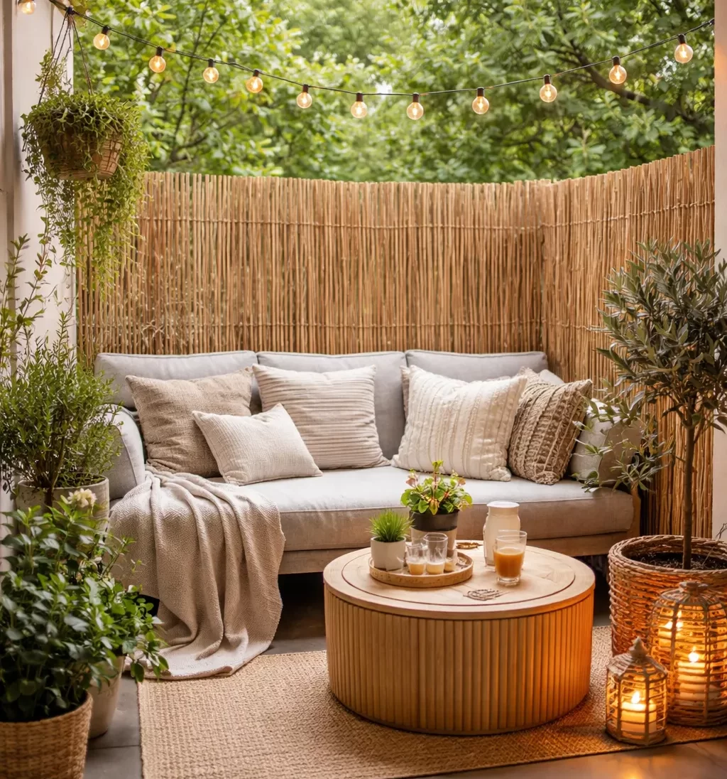 Gezellig balkon met natuurlijk privacyscherm en veel sfeer.