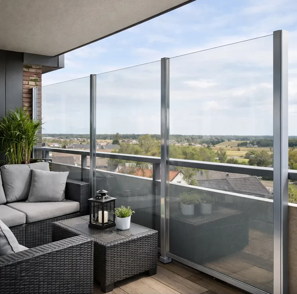 Modern balkon met transparant windscherm voor meer comfort en beschutting.