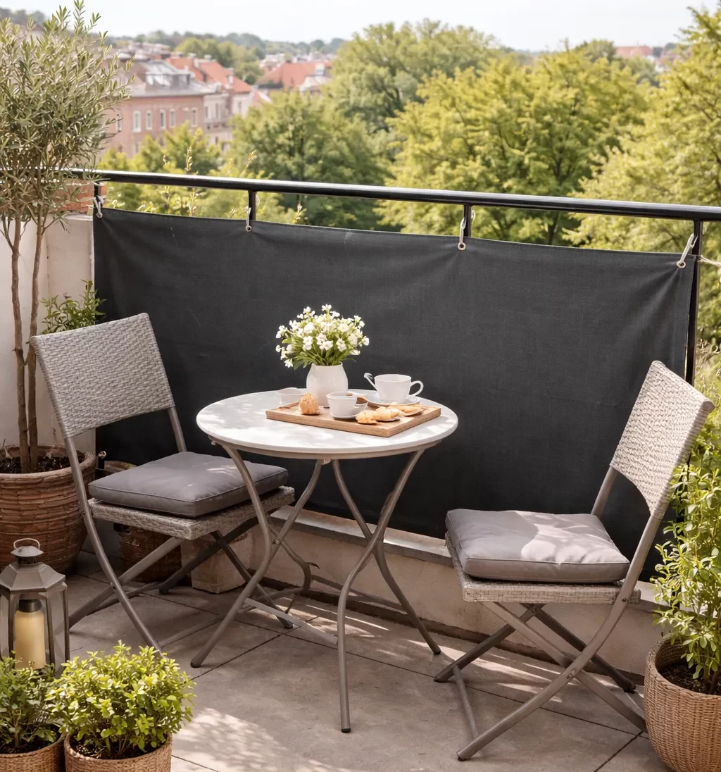 Klein balkon met stijlvol windscherm voor meer privacy en beschutting.