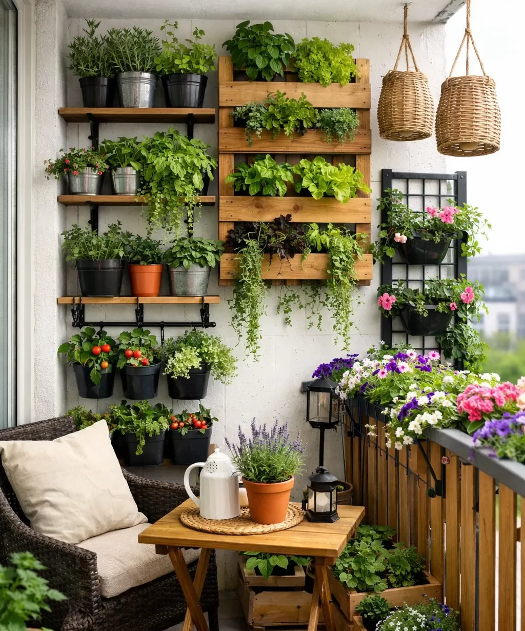 Compacte balkontuin met groene planten en slimme verticale opstelling.