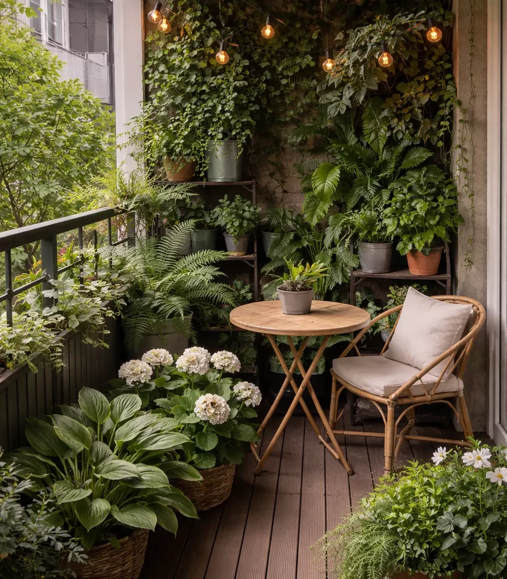 Een sfeervol balkon met schaduwplanten zoals varens, hosta’s en hortensia’s. Groen, rustig en perfect voor weinig zon.