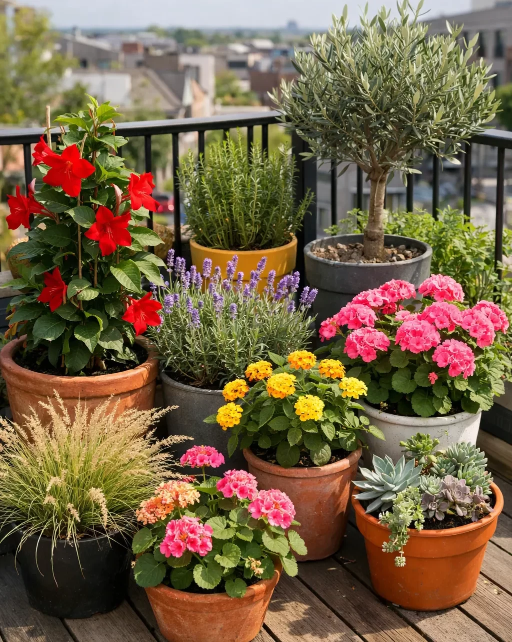 Sterke balkonplanten die goed groeien in volle zon en warmte.