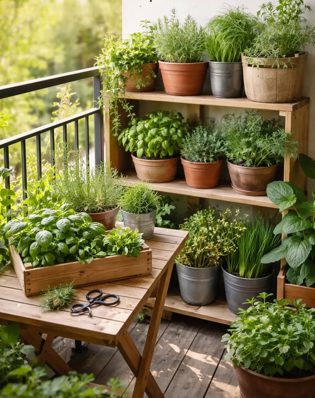 Verse kruiden in potten op een klein stadsbalkon.