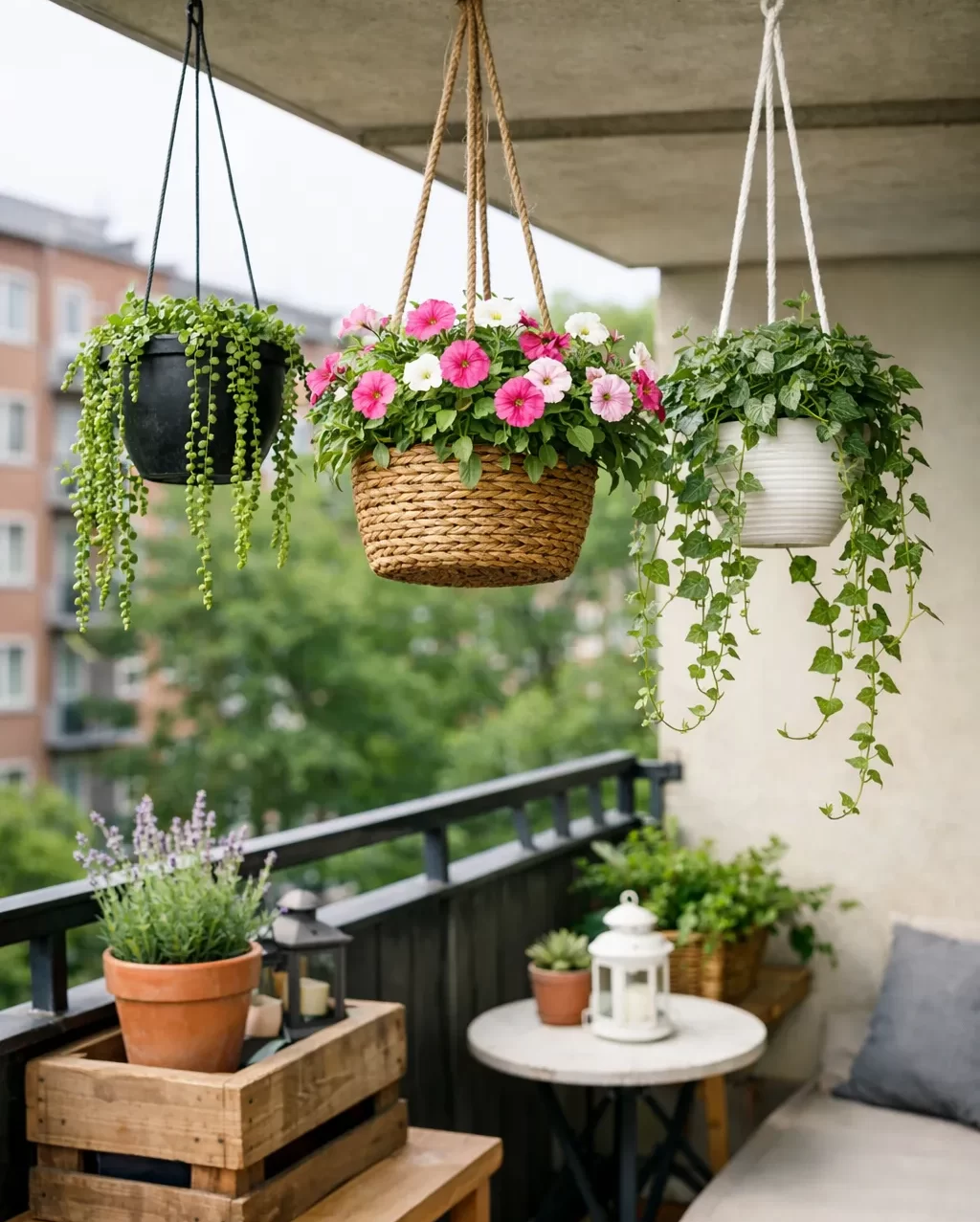 Groene hangplanten die weinig ruimte innemen en een klein balkon gezellig maken.