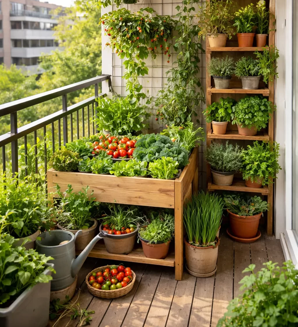 Groenten en kruiden op een compact balkon.